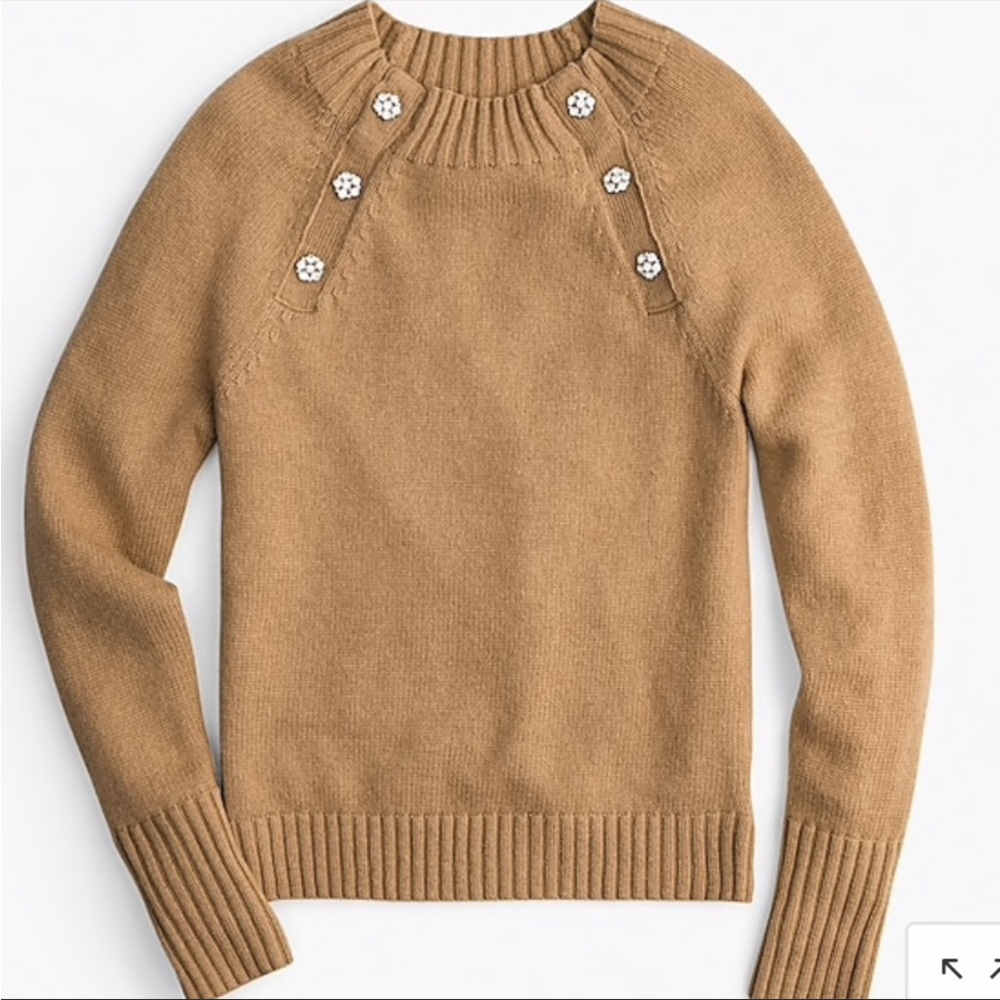 J.Crew Camel Crew Neck Jeweled Rhinestone Button Sweater